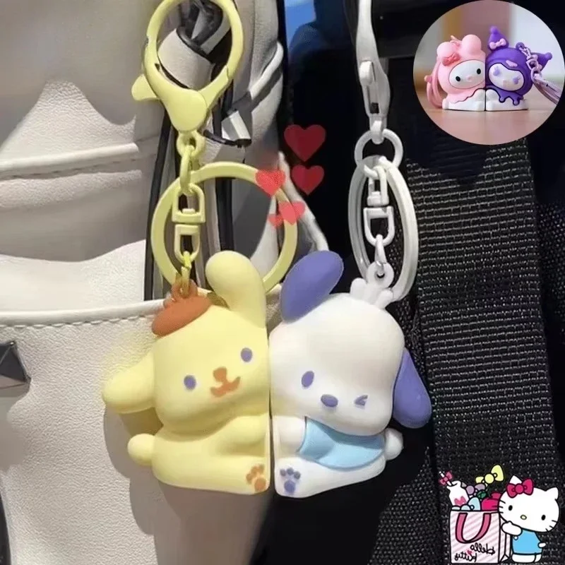 MINISO 2Pcs Anime Magnetic Keychain Cute Pochacco PomPomPurin Key Ring Kawaii Anime Melody Kuromi Pendant Decoration Kids Gift image 2