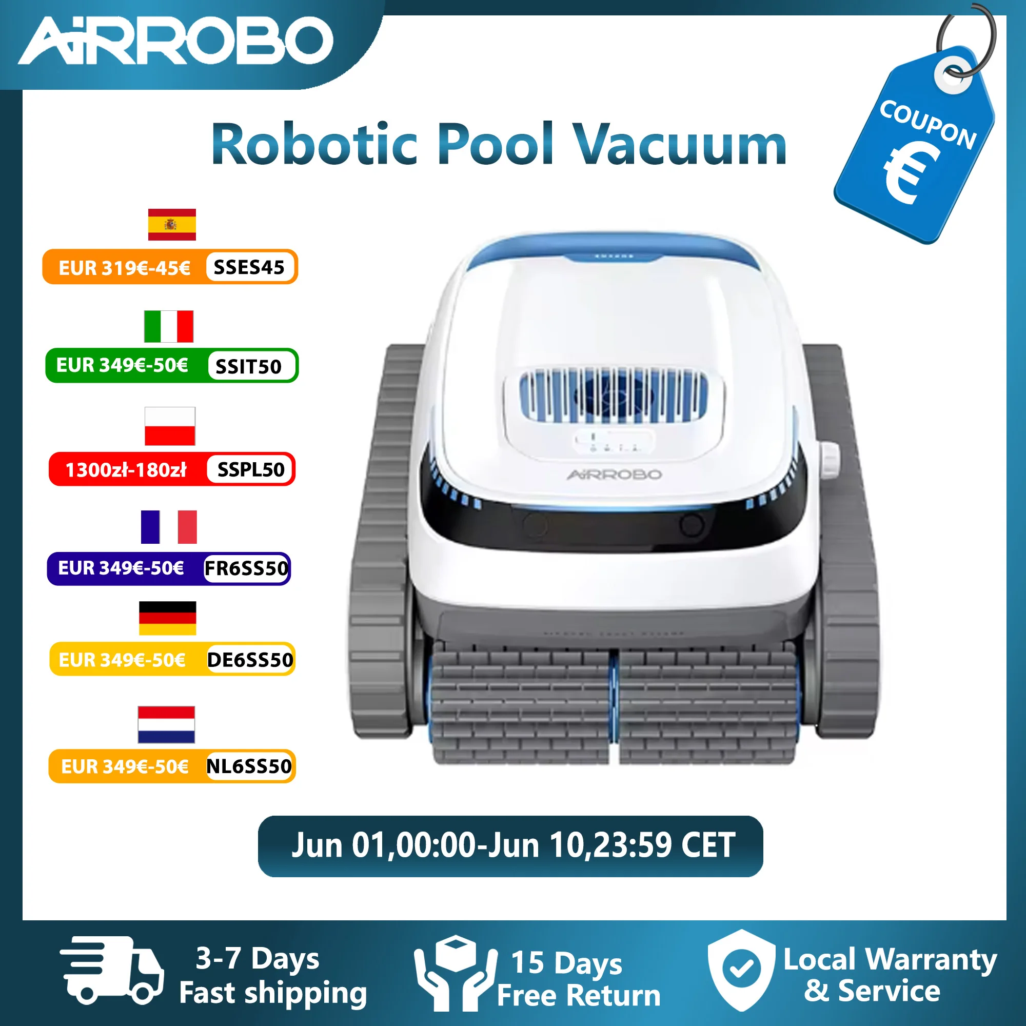 Robot nettoyeur de piscine AIRROBO PC10, nettoyage automatique sans fil des parois et du sol, planification de la route, sélection du mode de nettoyage