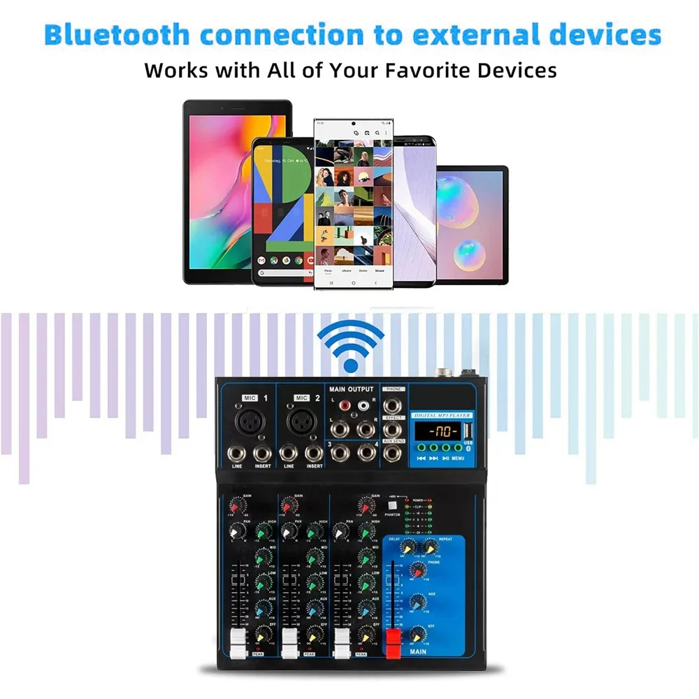 4-Channel Professional Compact Mixer with Bluetooth, USB Mp3 Playback, 48V Phantom Power, Live Streaming, Karaoke Recording, and Mixing Console view 5