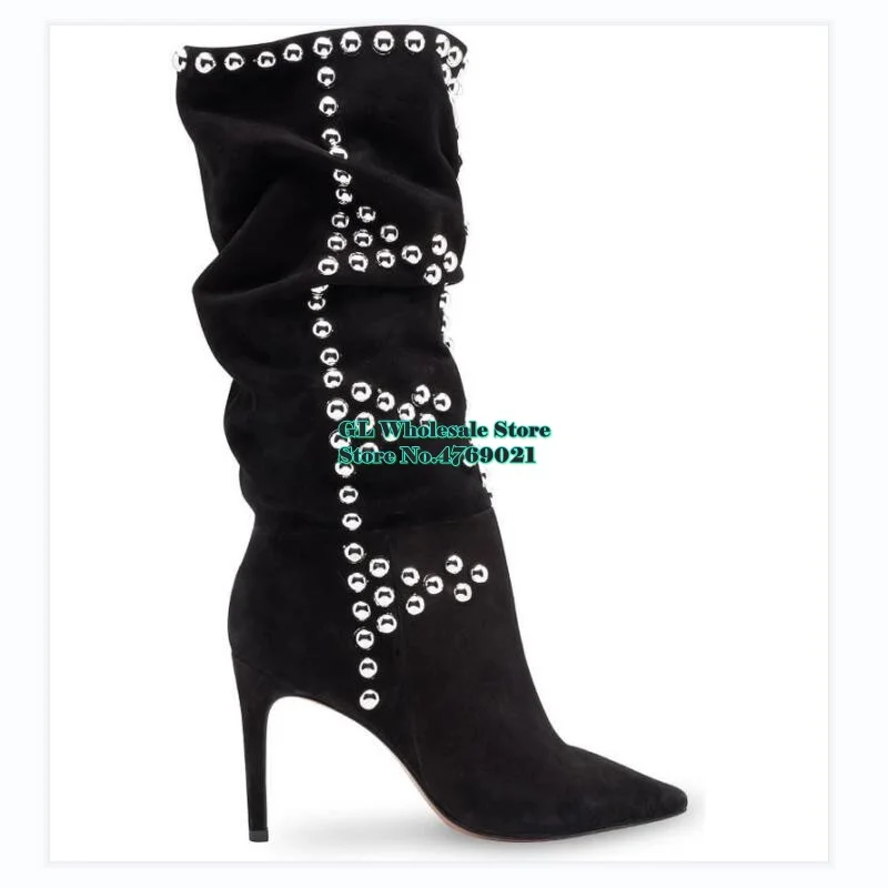 

2022 New Women Shoes Black Rivet Suede Slip on Mid Calf Boots Pointed Toe Sleek Stiletto Heel Comfort Boots Customized Boots 43