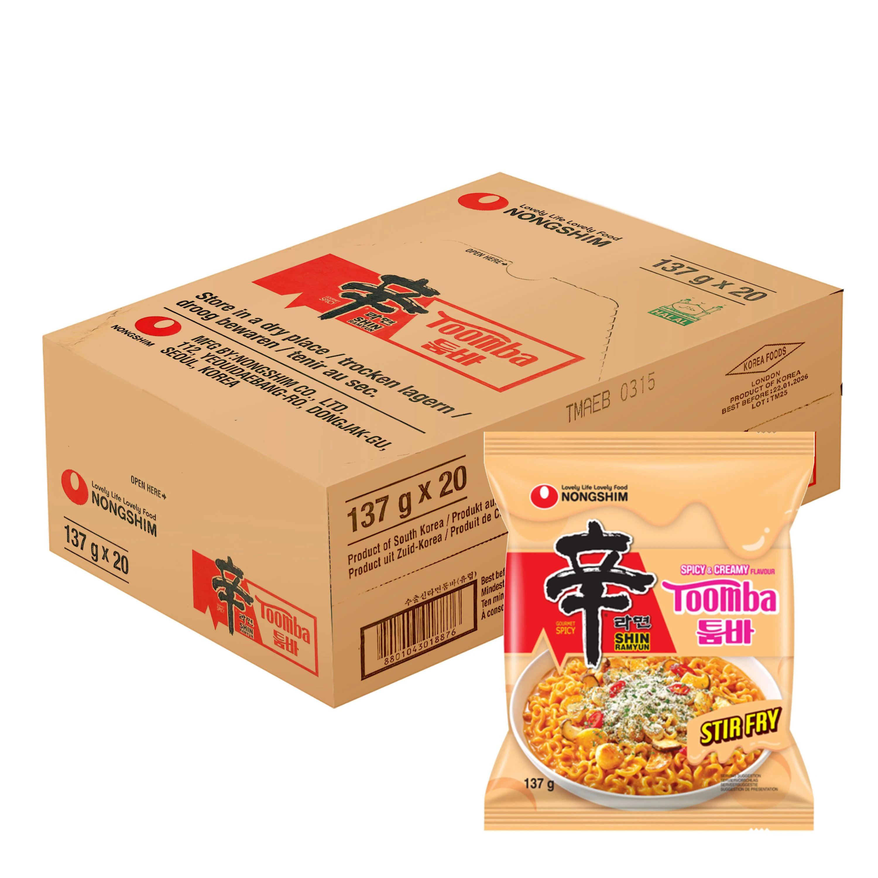 NONGSHIM Toomba Shin Ramen Creamy Spicy Stir-Fry 137g*20, Korean Instant Nudeln, Cremig & Pikant, Ohne Suppe, Schnell & Einfach, inspiriert von koreanischer Küche