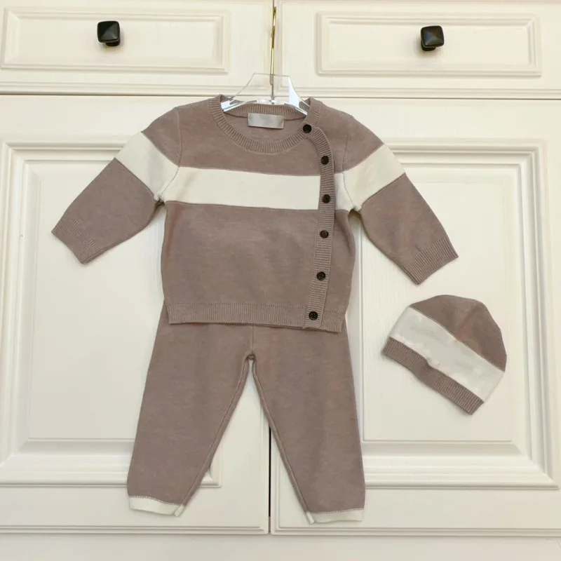 New baby full moon three-piece spring and autumn winter sweater set cardigan pants children's hat