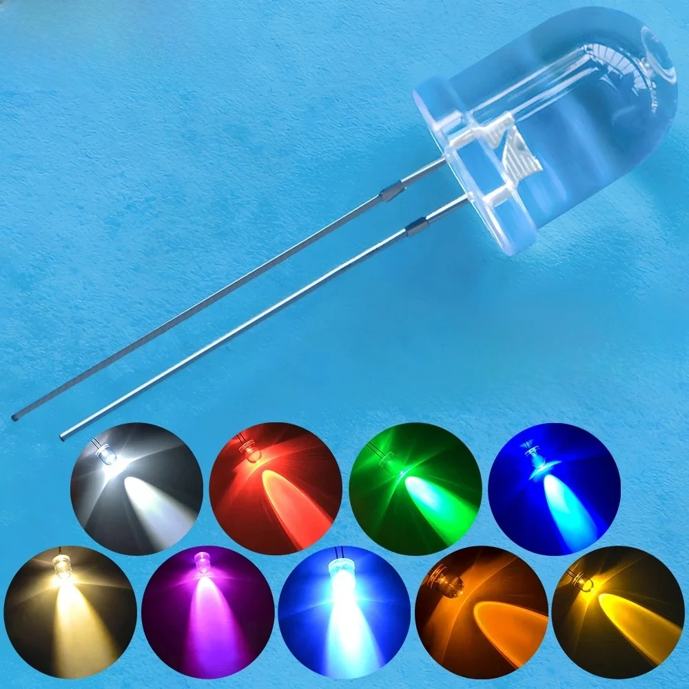 50Pcs 10mm Okrągłe Super Jasne Koraliki Lampowe Przezroczysta Dioda LED Biały Czerwony Zielony Niebieski Żółty UV Różowy Pomarańczowy Żarówka Kopułkowa — zdjęcie 2