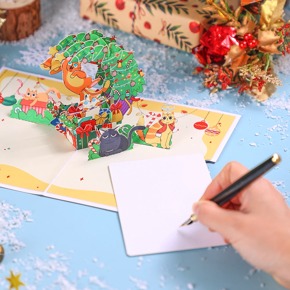 Christmas Greeting Card Crescent Shape Xmas Tree Gifts Cute Nauty Cat Greeting Cards Creative Party Invitation With Envelope