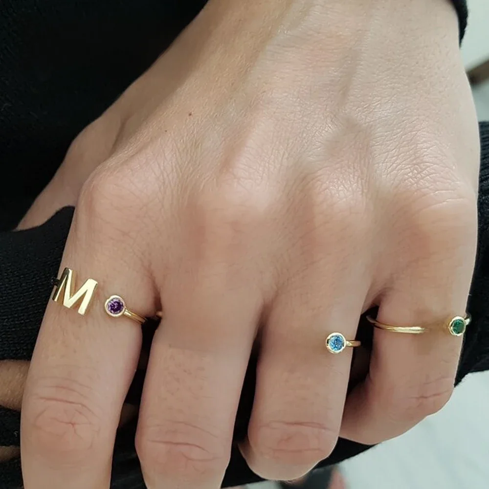 SUNIBI Birthstone początkowy niestandardowy pierścionek dla kobiet pierścionek z otwartym końcem nazwa ze stali nierdzewnej niestandardowy projekt biżuterii damska biżuteria na prezenty — zdjęcie 2