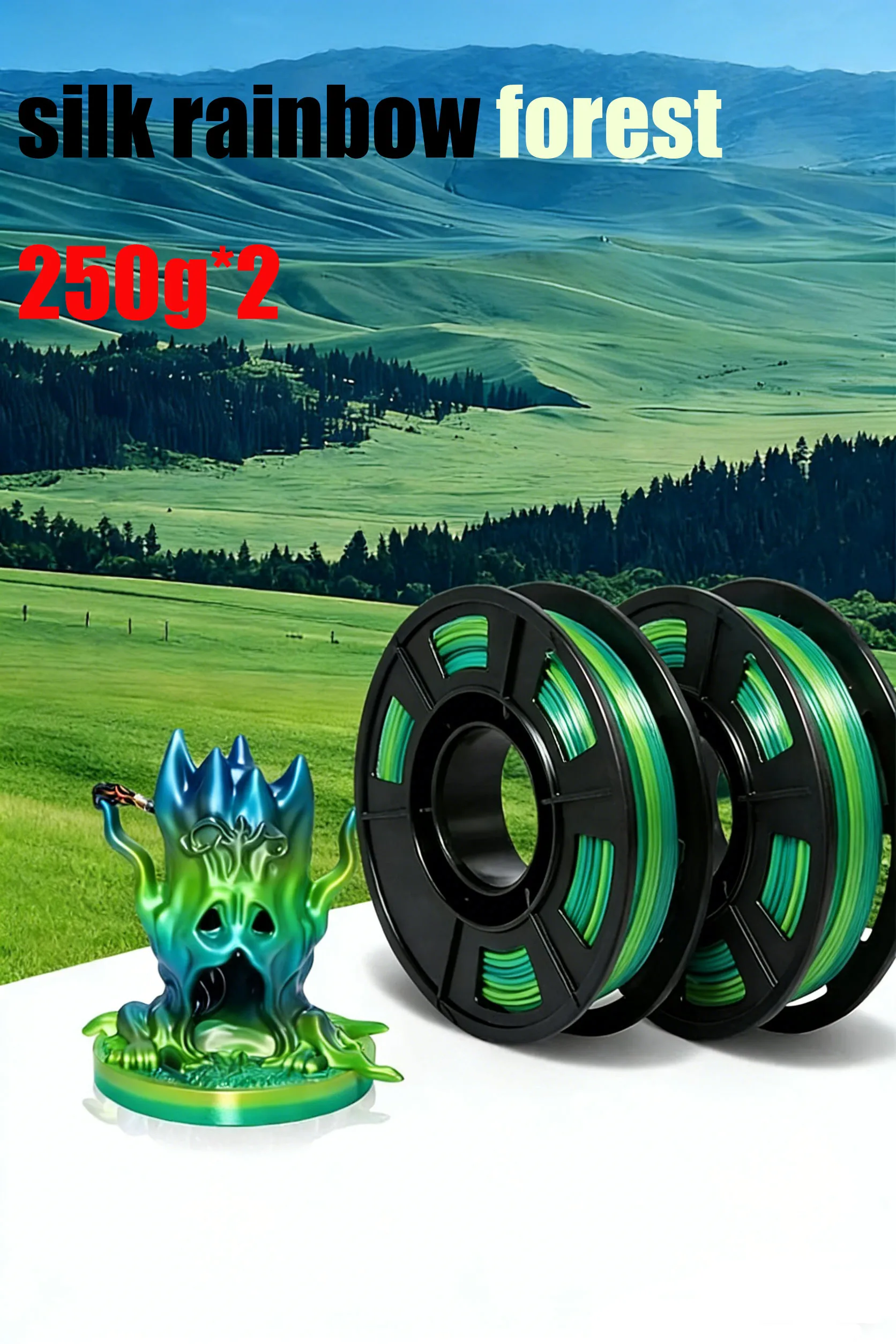 

Silk Shiny Rainbow Multi-Color 3D Printer Filament Bundle PLA 4-in-1Color Change Enhanced Print Quality,silk Rainbow forest,500g