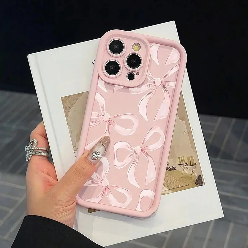 Coque de téléphone rose à motif échelonné et bord droit avec nœud pour iPhone 17 17E 16E 16 15 14 13 12 11 Pro Max XS X XR 7 8 Plus