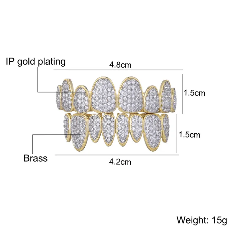 Hip Hop Full Iced Out Stones CZ Teeth Grillz Caps 2 Colors Cubic Zircon Micro Pave Top&Bottom Charm Grills For Men Women Jewelry