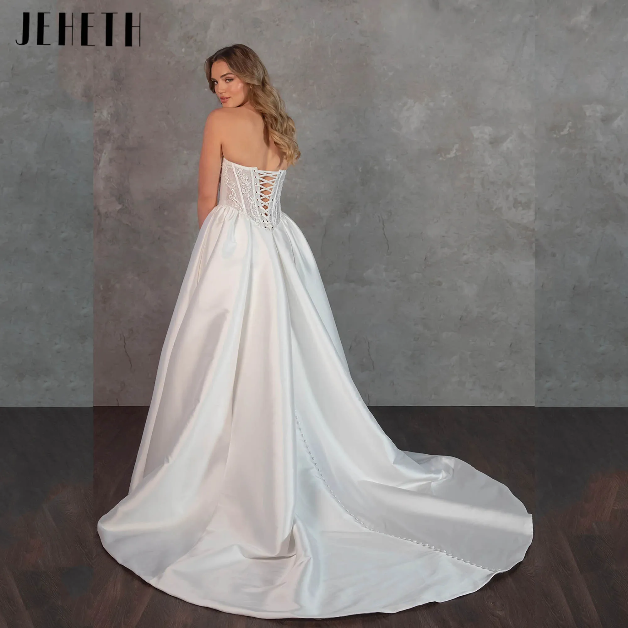 فساتين زفاف JEHETH على شكل حرف a من الساتان بدون حمالات مزينة باللؤلؤ زي العرائس بدون أكمام الأميرة فيستدوس دي نوفيا مخصصة