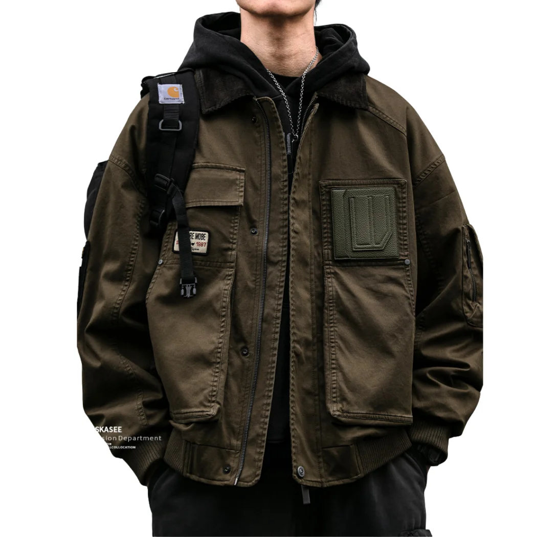 American Vintage Retro Barn Style Work Jacket made from Canvas, Olive Bomber Coat with Badge Appliqué for Outdoor