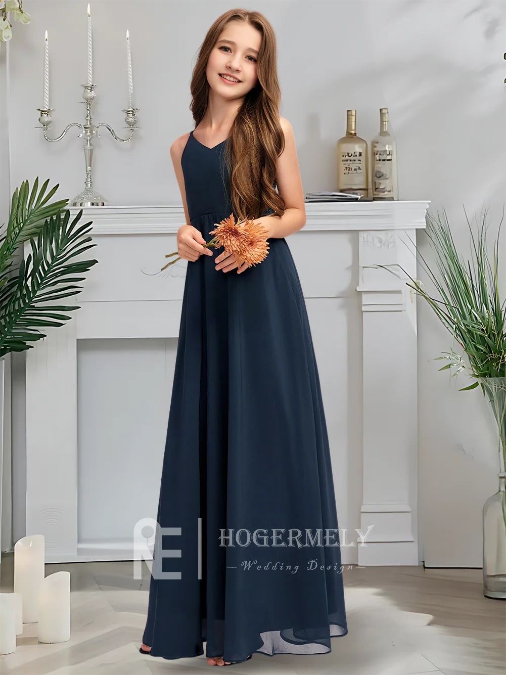Роскошное платье подружки невесты с v-образным вырезом, темно-синее платье с цветочным узором для девочек, шифоновое платье длиной до пола с каскадным бантом, свадебная вечеринка