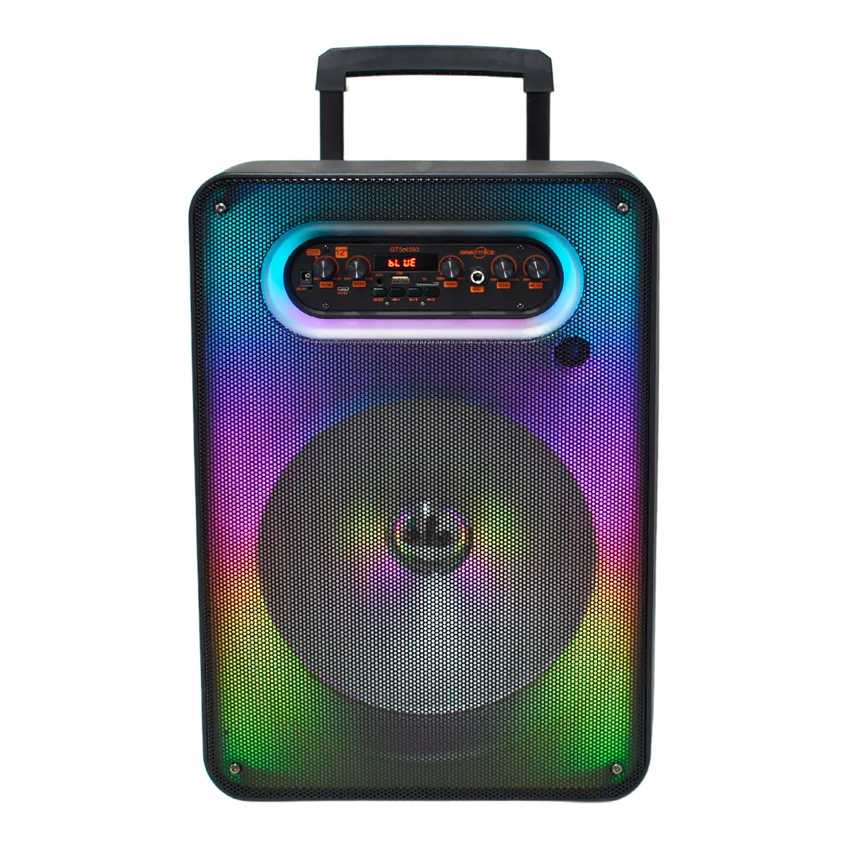 Bluetooth Horn 12 ″ karaoke radio FM reader USB and SD Aux microfno and control LED flame type light with wheels