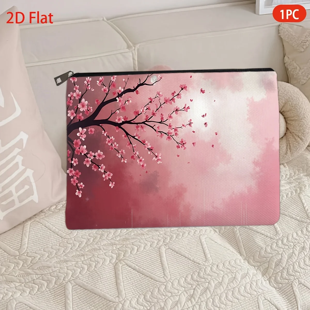 1Pc, Romantic Pink Cherry Blossom Falling Vintage Design Multifunctional Travel Makeup Bag, Snack Storage Bag, Stationery Storage Bag, Fashionable Toiletry Bag, Canvas Double-Sided Printed Zipper Pouch