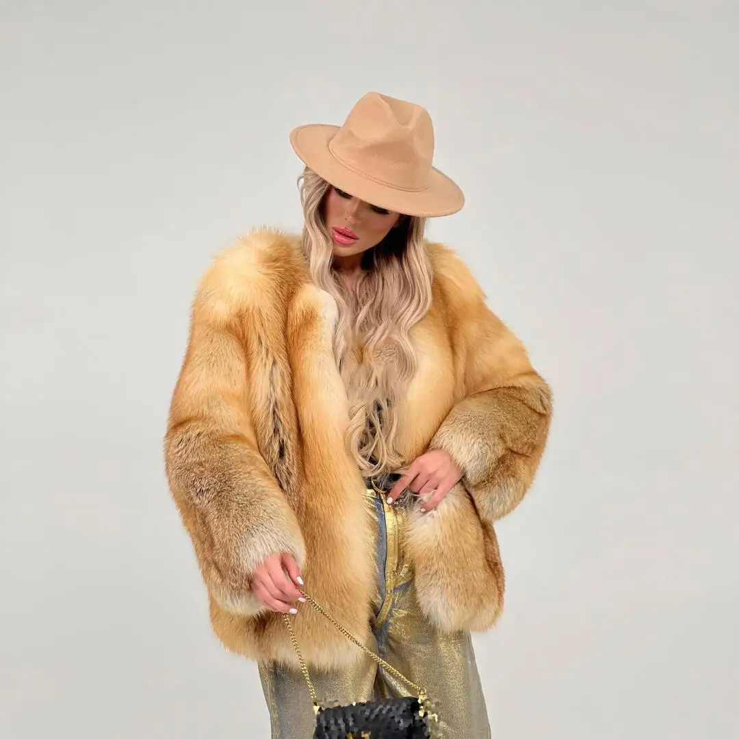 Casaco de pele vermelha Fox de comprimento médio para mulheres, jaqueta genuína Fox Fur, Outwear de luxo, Ollar redondo, moda inverno, atacado