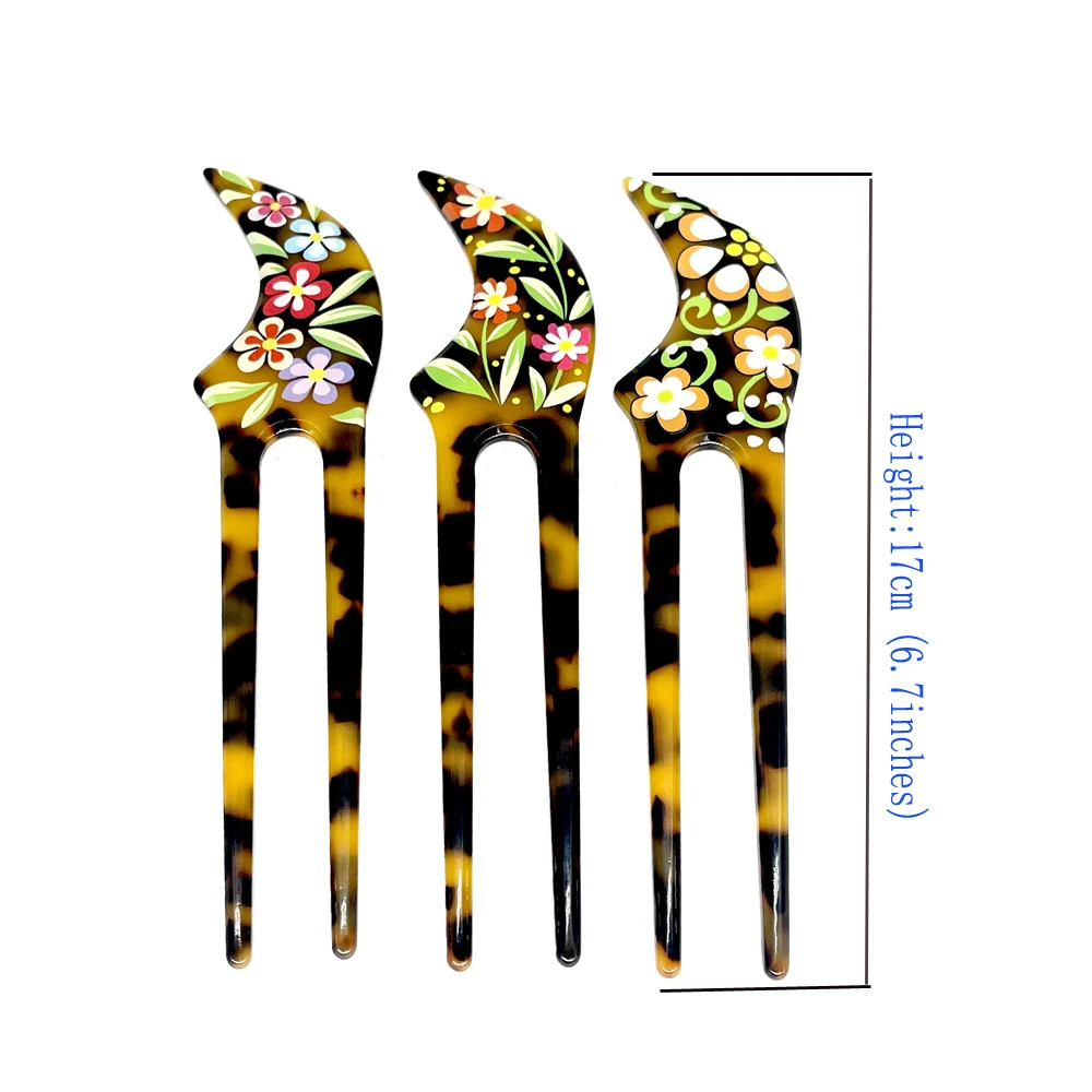 Tortoiseshell Turtle Flowers Printed Hair Sticks U-Shape Hairpins Fashion Hair Forks Accessories Headwear Jewelry