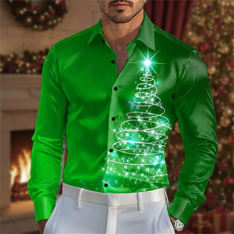Camicia natalizia da uomo con maniche lunghe in colore sfumato, moda casual, festa, vacanza, primavera e autunno, risvolto, camicia con bottoni stampati in 3D
