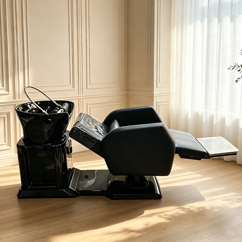 Luxury Electric Spinning Lift Shampoo Chair with Ceramic Deep Basin Half Backwash Lying Flush Head Shampoo Chair for Hair Salon
