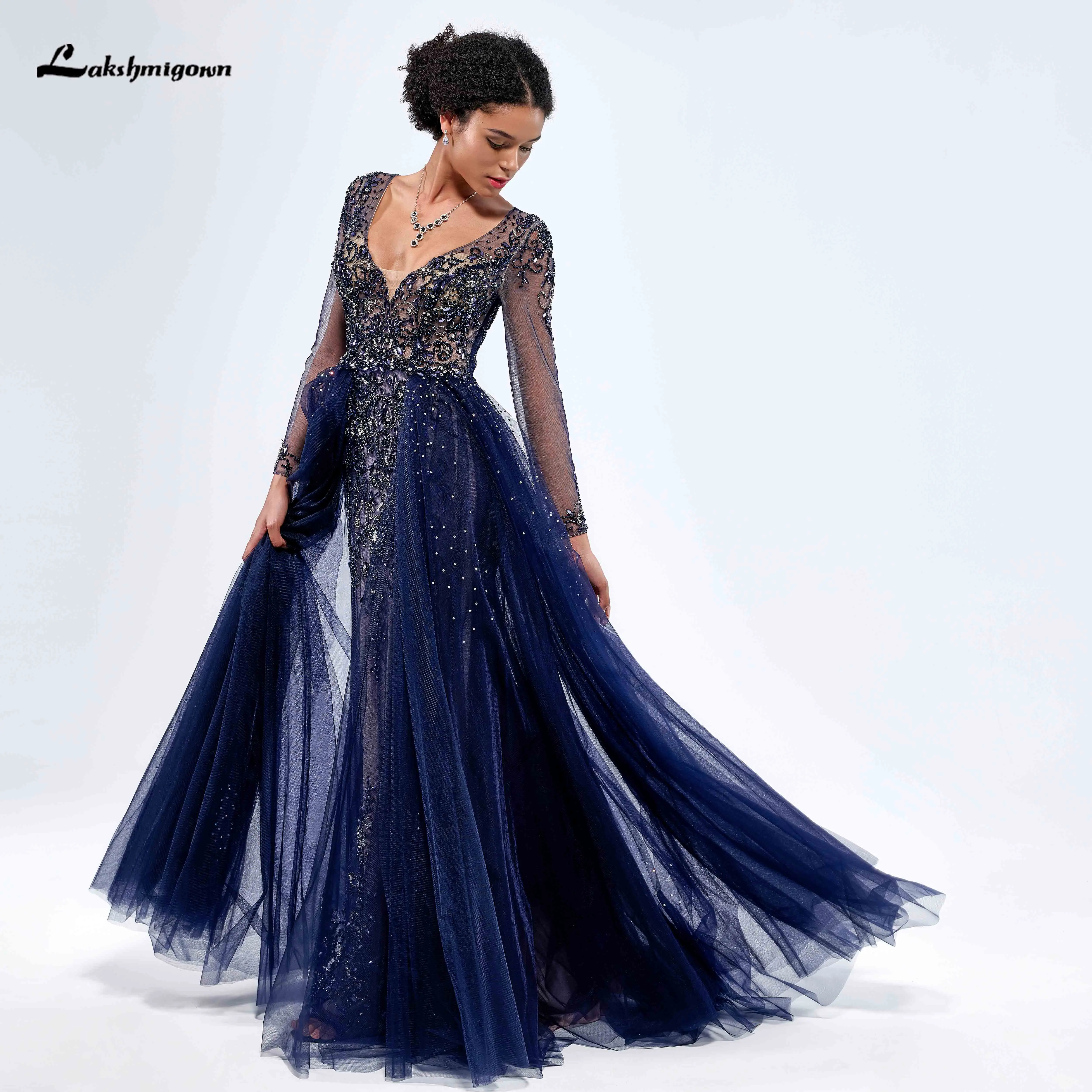 Laksh migown exquisite V-Ausschnitt lange Ärmel Perlen eine Linie Abend Ballkleid für Frauen Vestidos Para Mujer elegantes y Bonitos