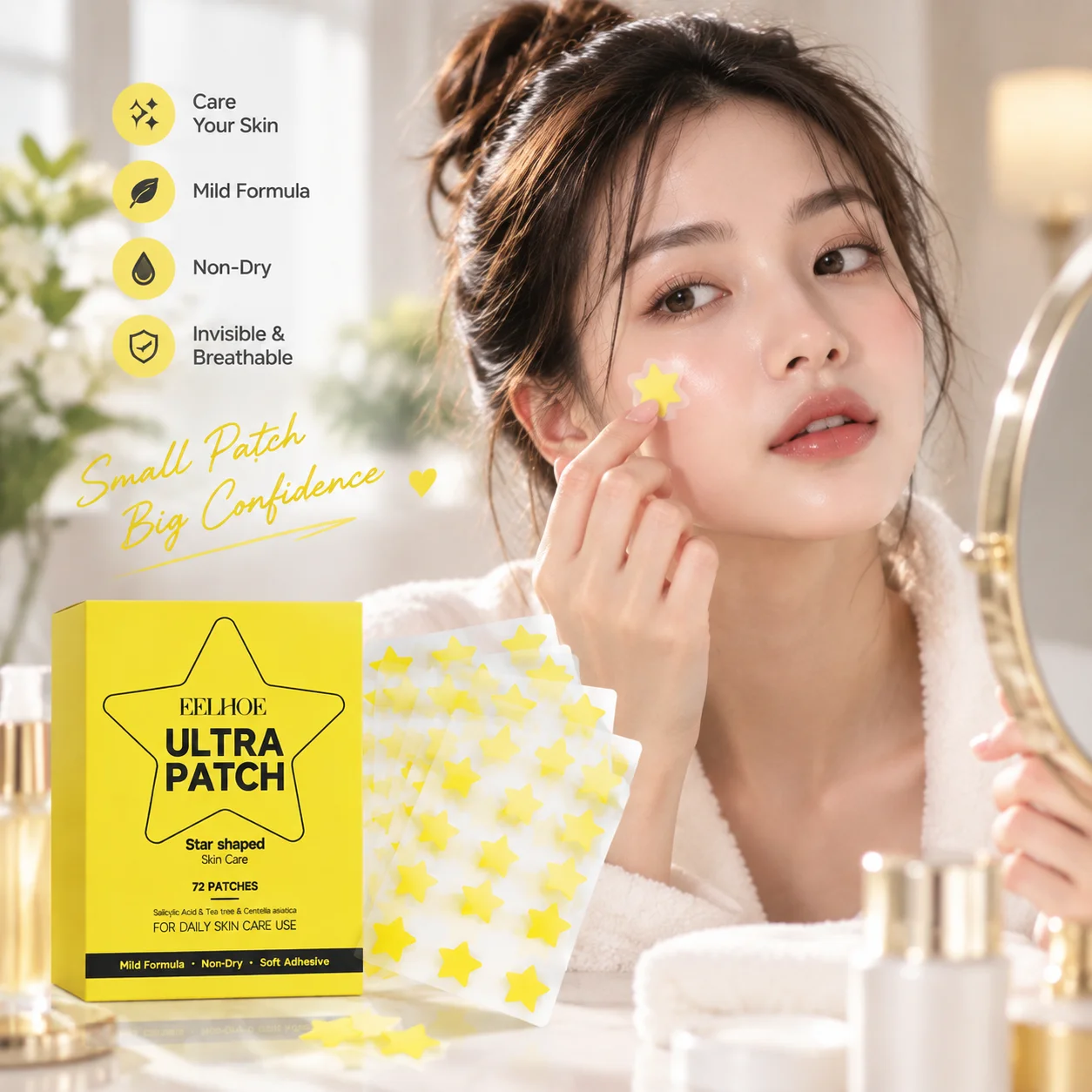 EELHOE Star Acne Patches for Pimples Waterproof Smooth Skin Soothing Cute Salicylic Acid Centella Asiatica Acne Face Stickers