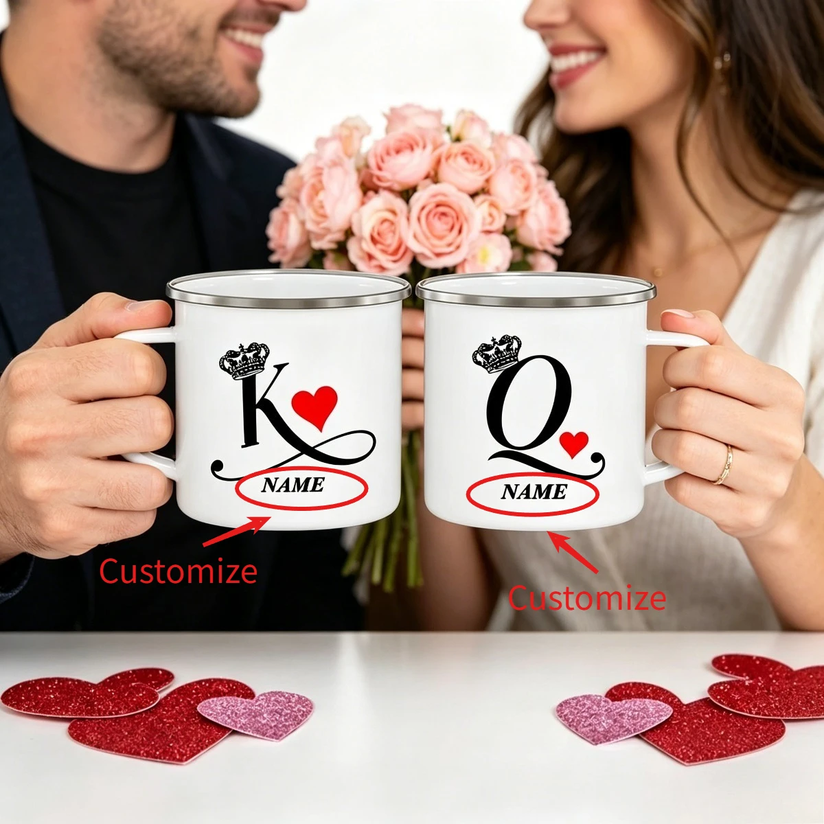 King Queen Enamel Mug Set Personalized Custom Name Couple Mugs Valentine's Day Wedding Anniversary Gift for Lovers,Christmas Gif