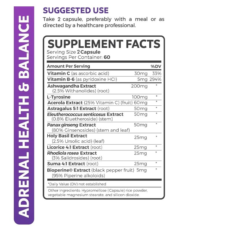 Adrenal Health & Balance Supplement - with L-Tyrosine and Ashwagandha To Relieve Fatigue - 120 Capsules