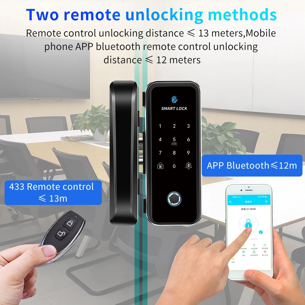 Smart Lock eletrônico com impressão digital, TTLOCK Bluetooth, Código do cartão RFID, emoldurado Frameless Glass Sliding Door, Keyless, Sem fiação