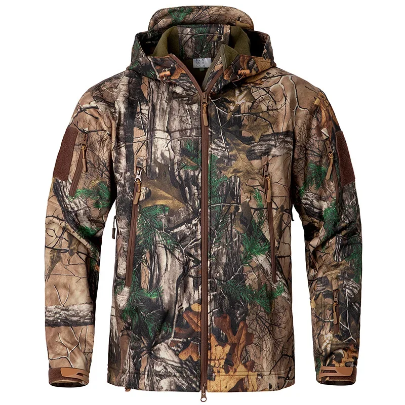 Męska cicha kurtka taktyczna w kamuflażu Soft Shell Wodoodporna ciepła polarowa kurtka myśliwska Outdoor Hiking Fishing Hooded Coat — zdjęcie 2