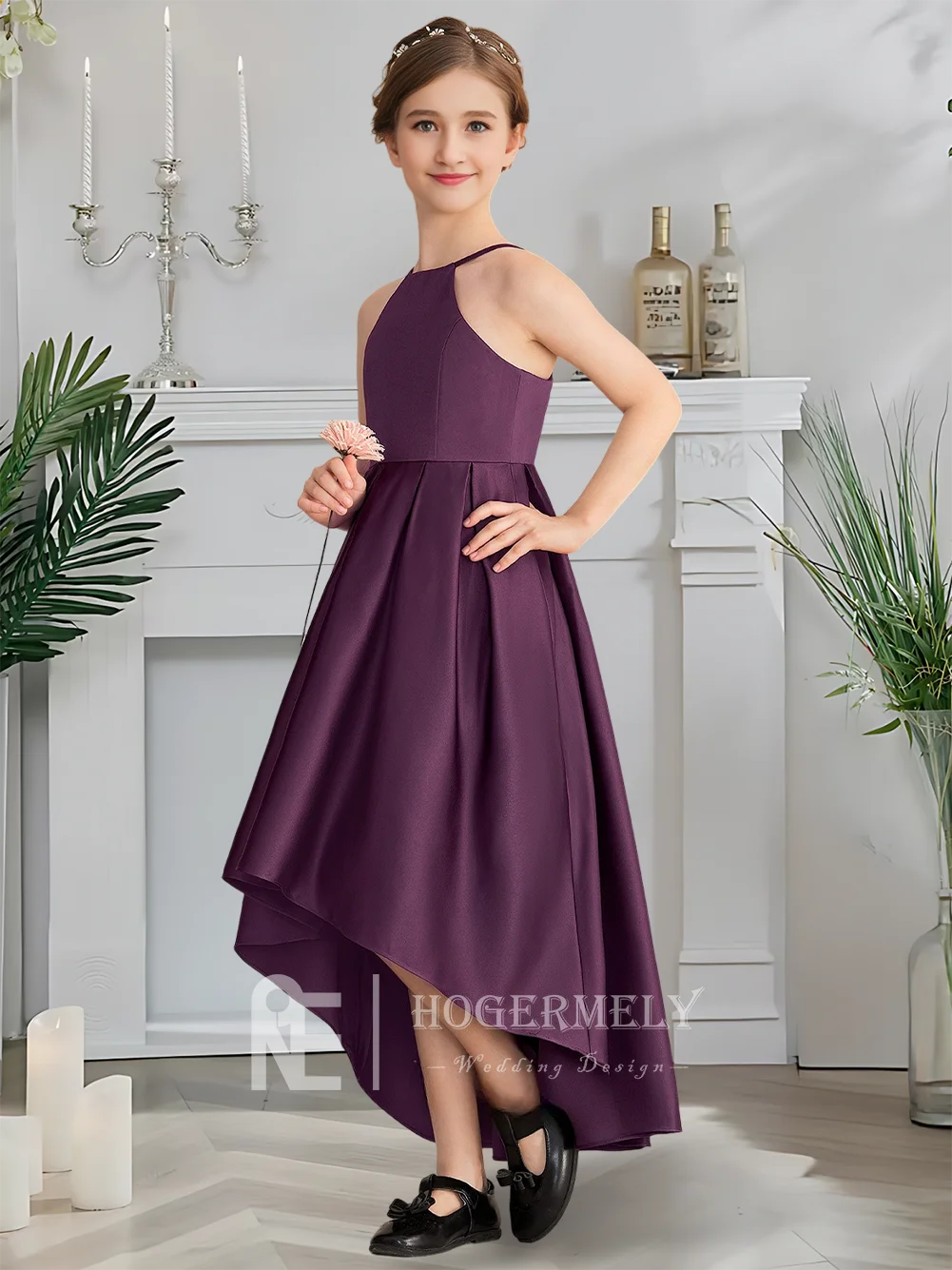 

A Luxurious Halter Junior Bridesmaid Dress Amethyst Flower Girl Dress Asymmetrical Satin With Cascading Ruffles Wedding Party