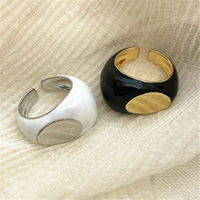 Enamel Copper Gold Silver Color Oval Geometry Dripping Oil Open Ring Vintage for Trendy Women Girls Party Jewelry HUANZHI New