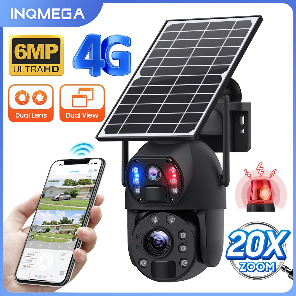 INQMEGA-cámara Solar de 6MP, videocámara PTZ con Wifi, Zoom de 10x, doble Vista, 4G, célula Solar, detección humana, carcasa de Metal, antivandalismo