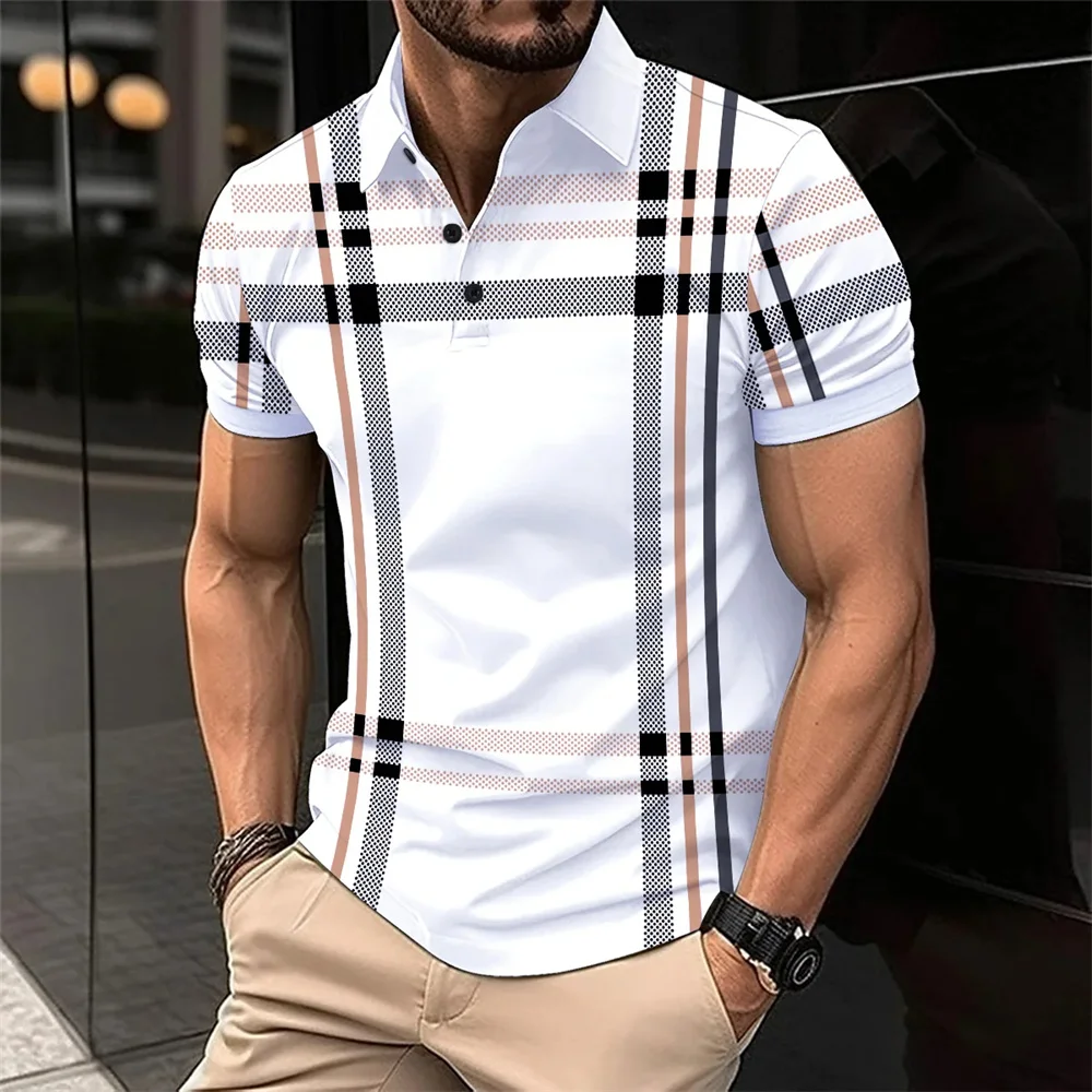 Fashion Business Stripe Print Polo Shirt Summer Short Sleeve T-Shirt Line Pattern Top Casual Men\'s Polo Shirt Large Size Clothes