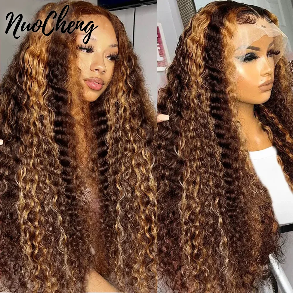 Highlight Deep Wave Human Hair Lace Frontal Wig P4/27 Honey Blonde Curly Human Hair Wigs Deep Curly 13x4 HD Lace Frontal Wigs