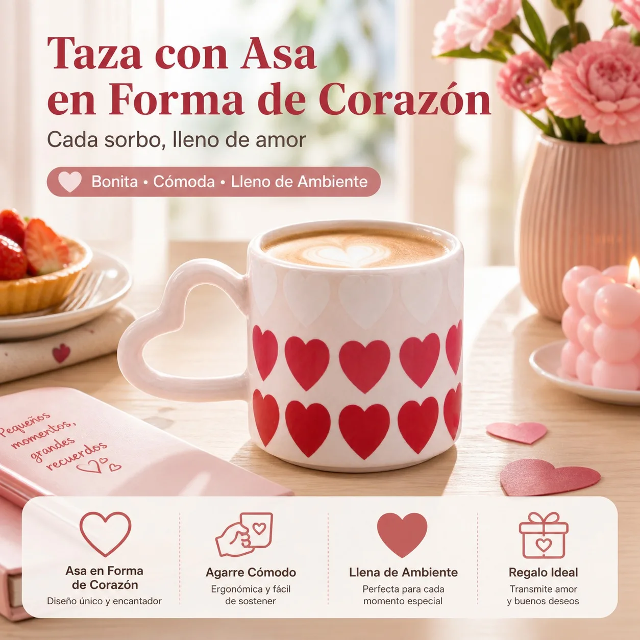 Mug en céramique, design cœur et poignée ergonomique en forme de cœur, capacité de 360 ml, idéal pour le café, le thé et les boissons chaudes