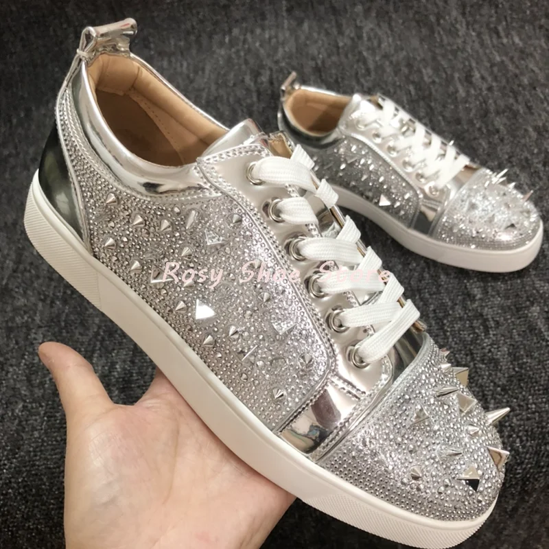 Men's and Women's Fashion Couple Shoe Luxury Gold Silver Crystal Diamond Rivet Sneaker Round Toe Lace Up Casual Flat Single Shoe