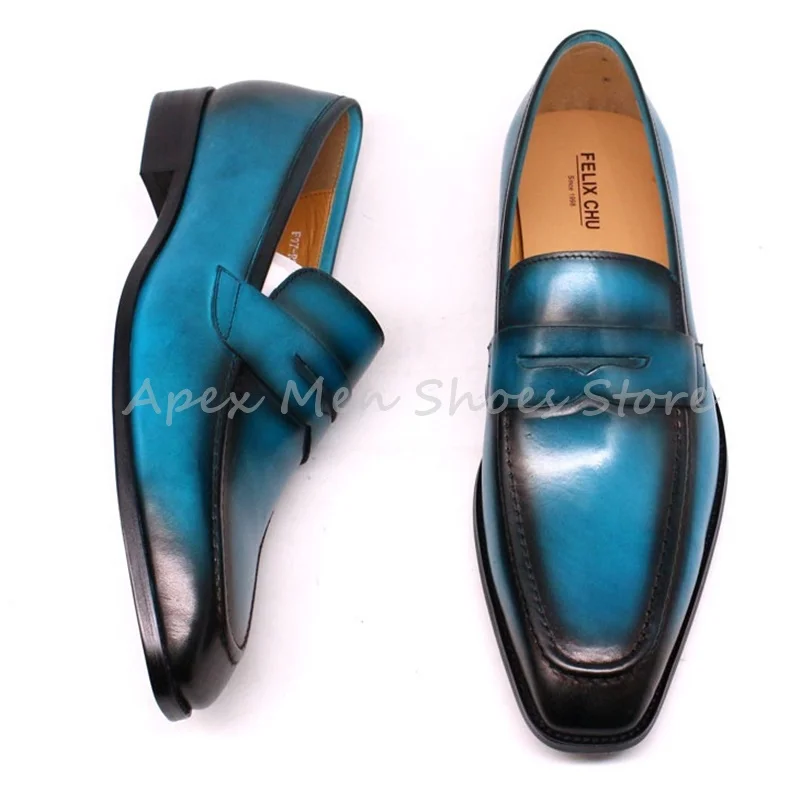 

Градиентные синие, черные лоферы из натуральной кожи, мужские модельные туфли без шнуровки с квадратным носком, офисные современные оксфорды ручной работы с пряжкой