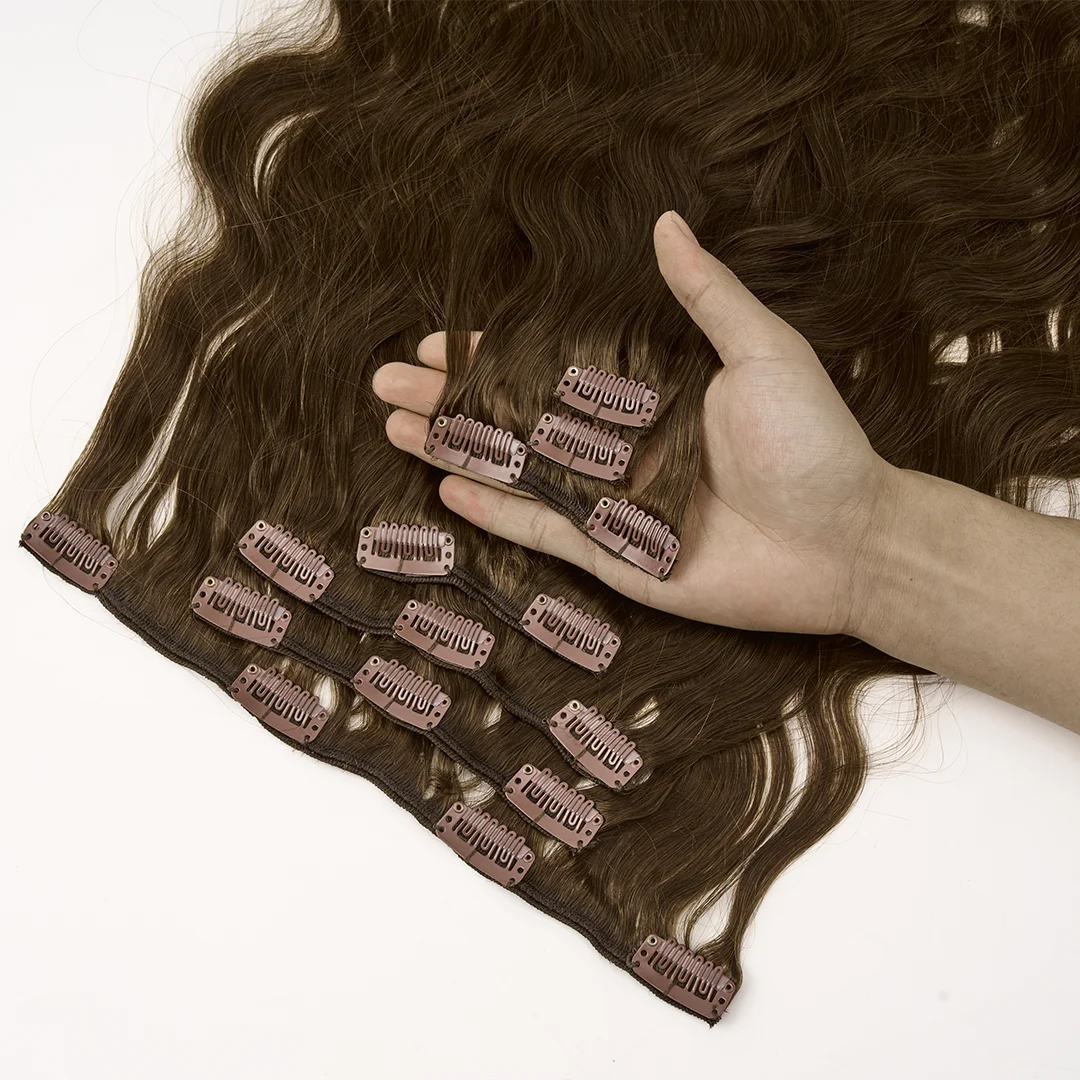 مشبك موجة طبيعية في شعر مستعار بشري اللون الطبيعي 100% مشبك شعر بشري ريمي في 85-120 جرام 7 قطعة/المجموعة رأس كامل للنساء #4