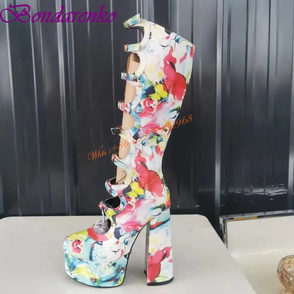 Sexy Hollow Buckles Sandal Boots Platform Printed Round Toe Knee High Women Shoes Chunky High Heels Zipper Boots Spring Summer