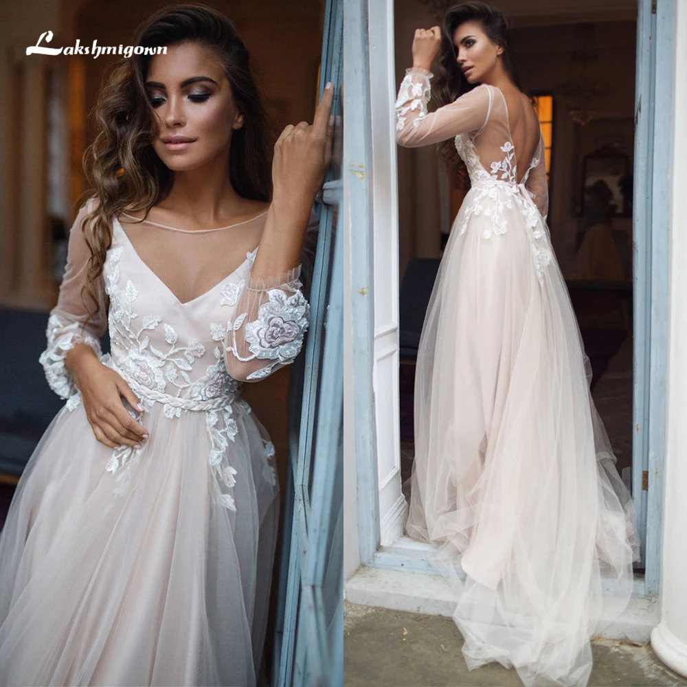 Lakshmigown-Boho O Pescoço Longo Vestido De Noiva De Manga Puff, Sexy Sem Encosto De Renda De Tulle, Uma Linha De Vestido De Noiva Personalizado, 2020