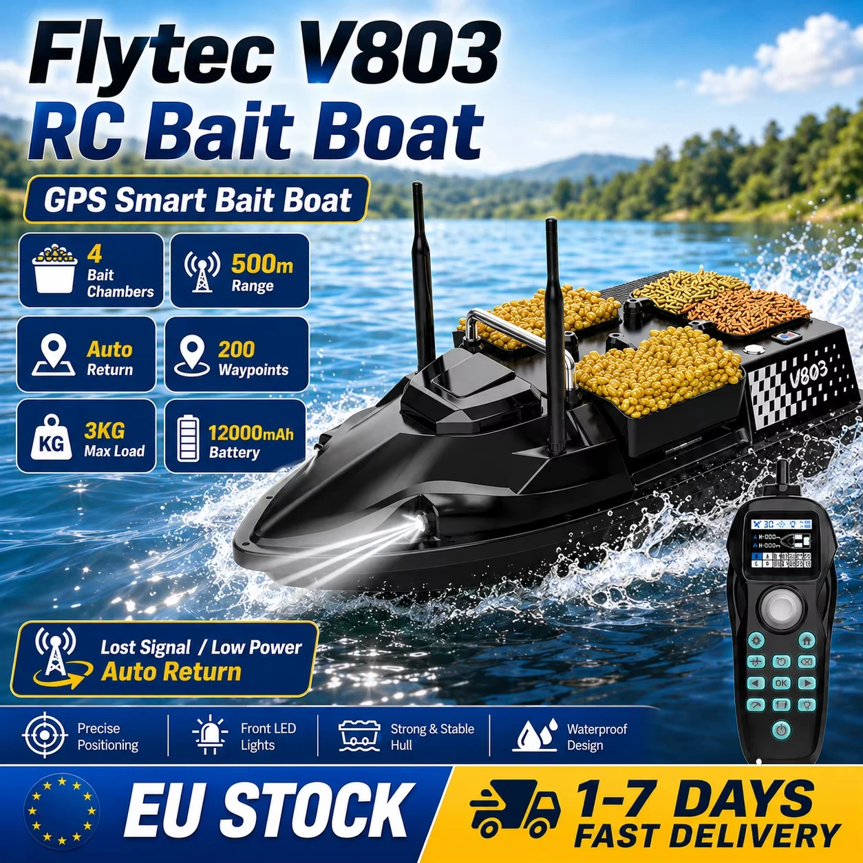 Flytec RC V803 GPS 500m Ferngesteuertes Köderboot 12000mAh 4 Köderfächer Niedriger Stromverbrauch Automatische Rückkehr 160 Punkte 3kg Maximallast