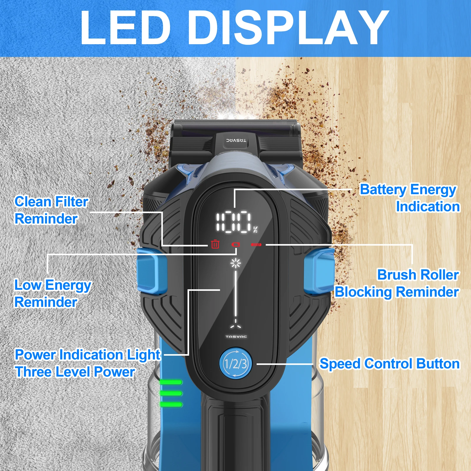 Tasvac เครื่องดูดฝุ่น S800แบบพกพา, เครื่องดูดฝุ่นไม้กวาดไฟฟ้า260W เครื่องดูดฝุ่นพลังสูง23 kPa 6 in 1น้ำหนักเบา