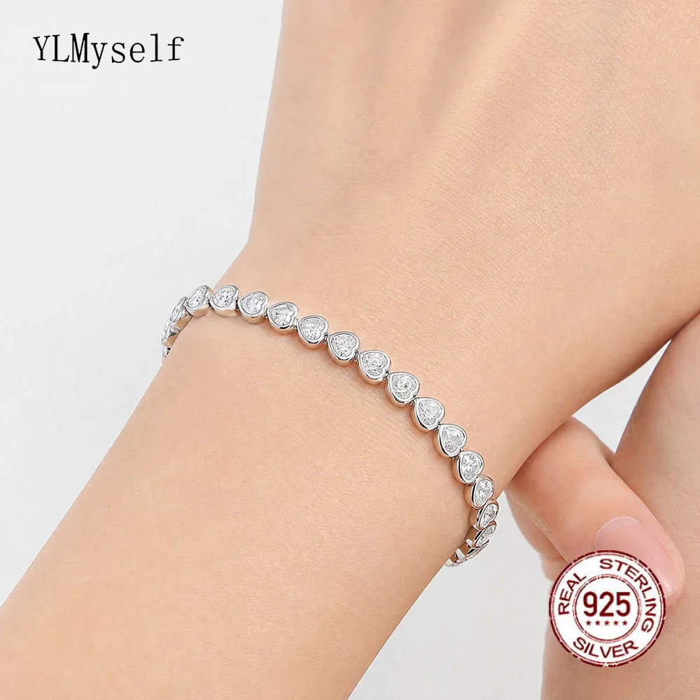 YLMyself 925 Sterling Silver Bracelet Heart Zircon Tennis Chain 3mm 15-20cm Wedding Gift Jewelry