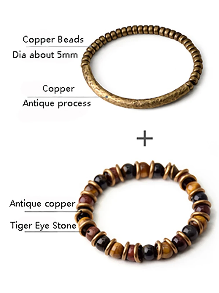 Colorful Tiger Eye Stone Bracelet Mixed Hand Beaten Vintage Pure Copper Street Punk Jewelry Male Female Unisex Accessories