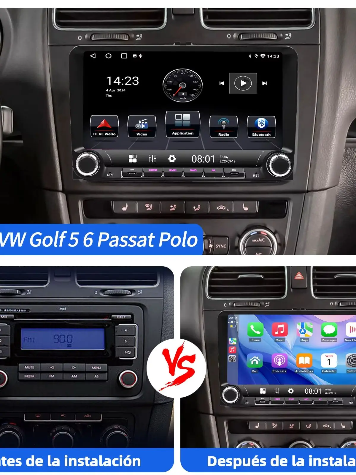 ESSGOO Autoradio Android15 9" 4+64 GB voor VW Golf 5 6 Plus Touran Caddy Jetta Passat Polo GPS Navigatie Bluetooth RDS FM WiFi Draadloze CarPlay Android Auto 2+32 GB Stuurwielbediening Aanraakscherm - afbeelding 2