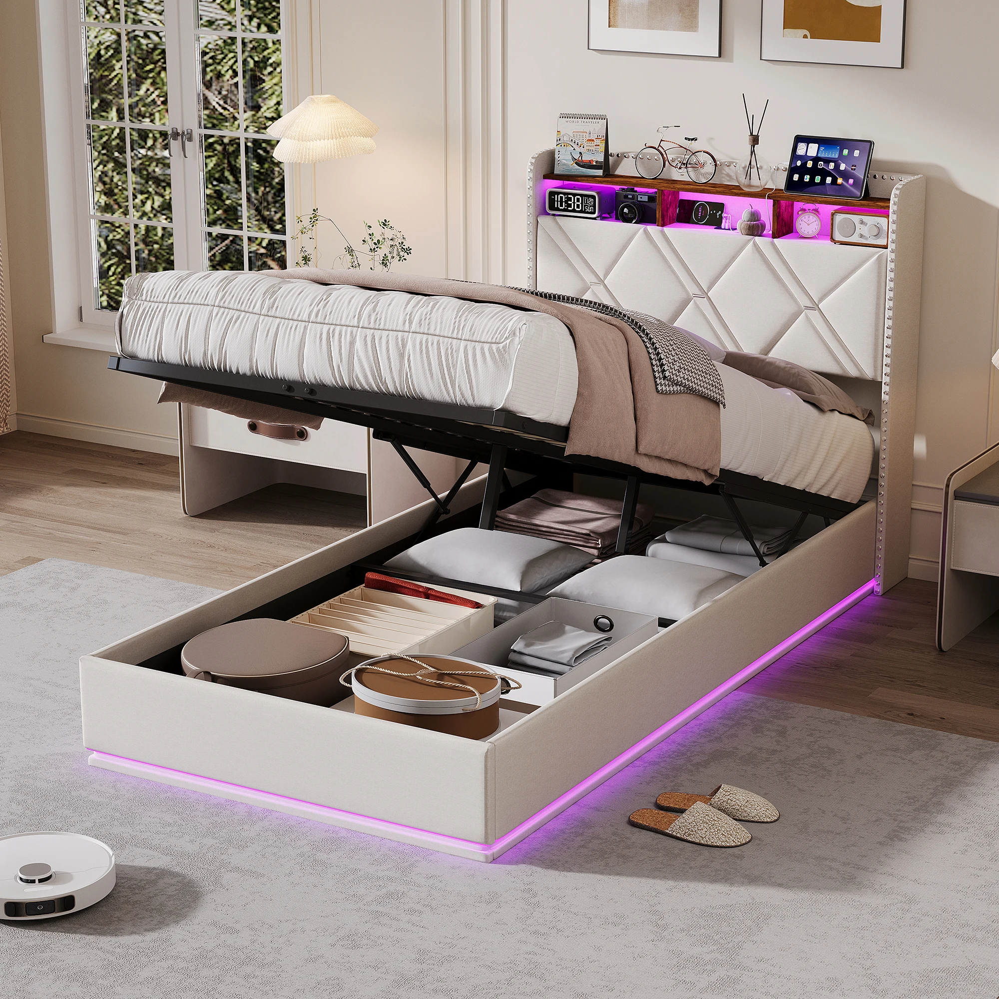 Anajqaqia Lit pour enfants 90/140/160X200Cm avec lumière LED et chargeur, lit ottoman avec rangement hydraulique, lit simple/double, beige/gris