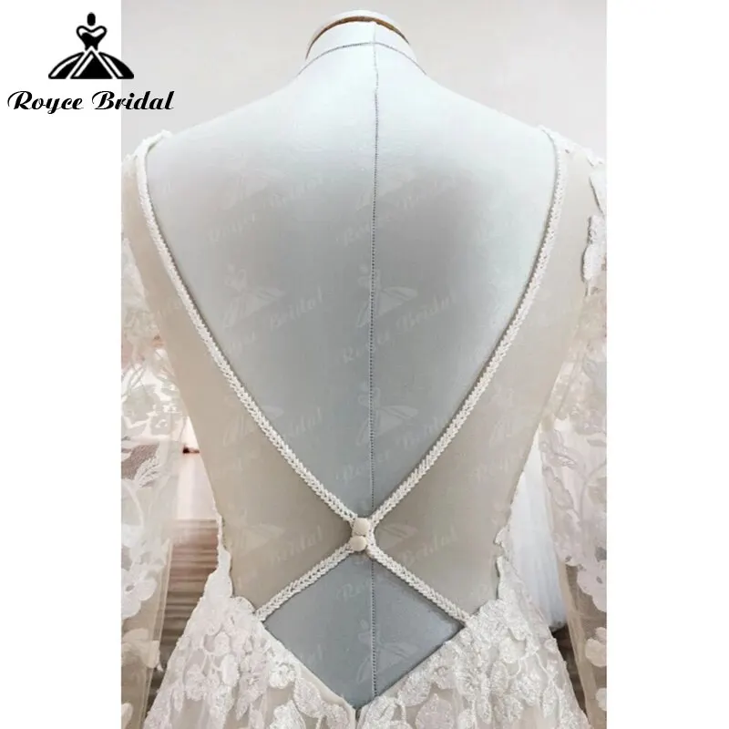 Exquisite V-neck Full Cap Sleeve Sexy Back Button Lace Appliques A-Line Wedding Dress Tulle Bridal Gown Sweep Boho vestidos robe