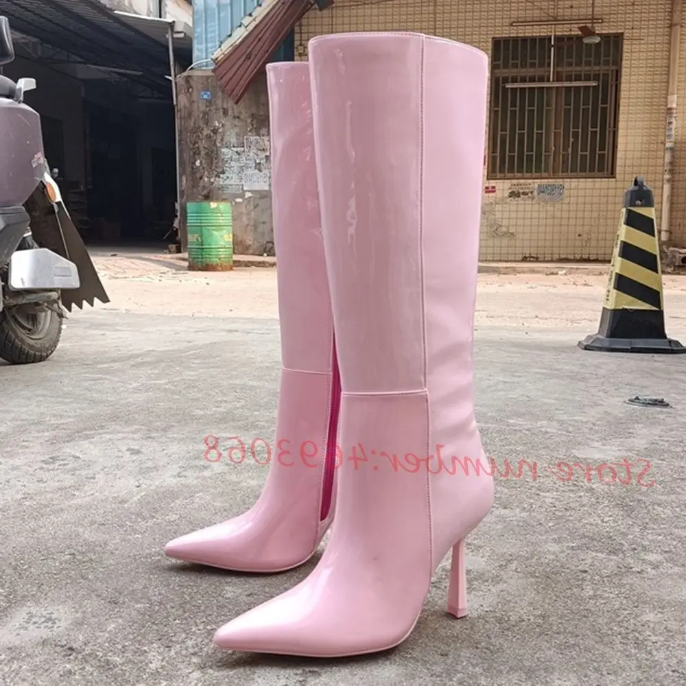 Light Pink Women Knee High Boots Elegant Shiny Leather Kitten Heels Boots Modern Pointy Toe Trends Solid Female Splicing Shoes