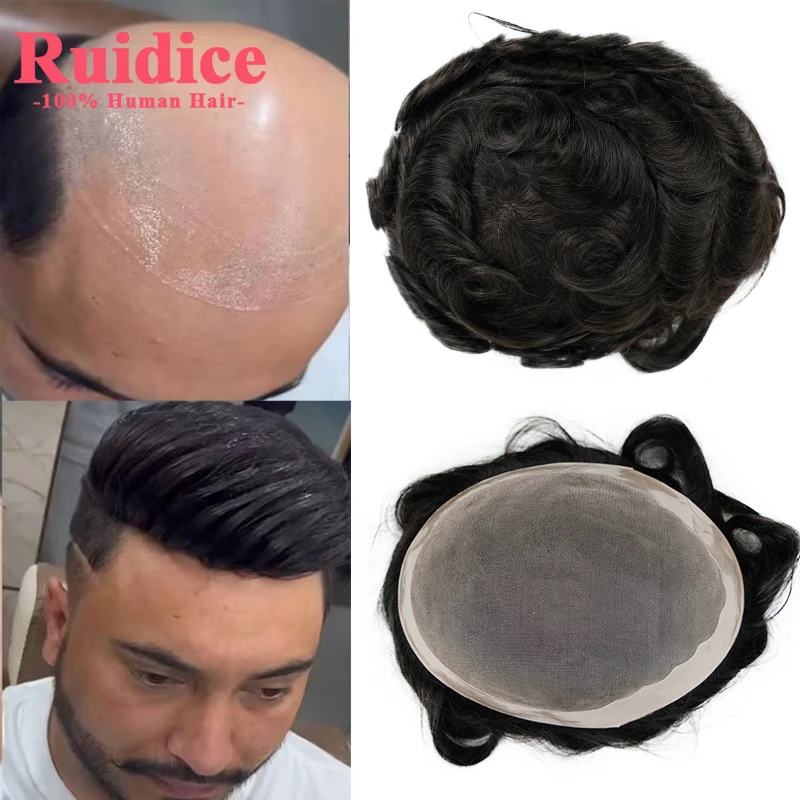 Men Toupee Hair Piece 100% Real Human Hair Fine Mono Toupee For Men Natural Hairline Hairpieces PU System Men Replacement Wig