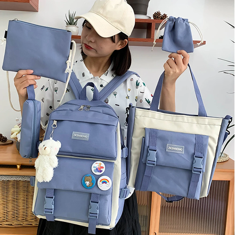 Backpack with Kawaii Pin and Accessories, 5Pcs Kawaii Backpack Combo Kit, Canvas Backpacks, Cute Kawaii Backpack Large Capacity