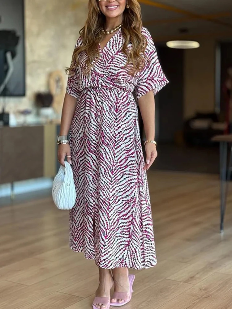 Abito estivo da donna con stampa Moda scollo a V Manica corta Vita alta Abiti da festa larghi per le donne Abito da vacanza al mare Boho Robe