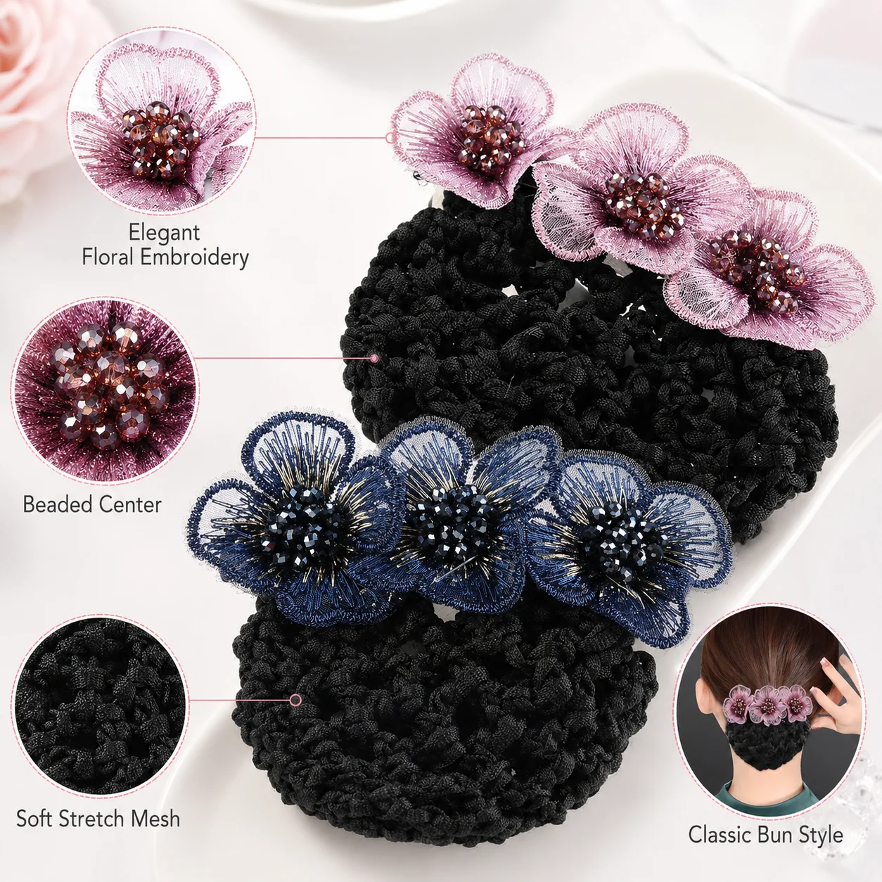 Redecilla para Moño con Bordado Floral 3D y Pinza Desmontable, Cubre Moño con Cuentas para Mujer